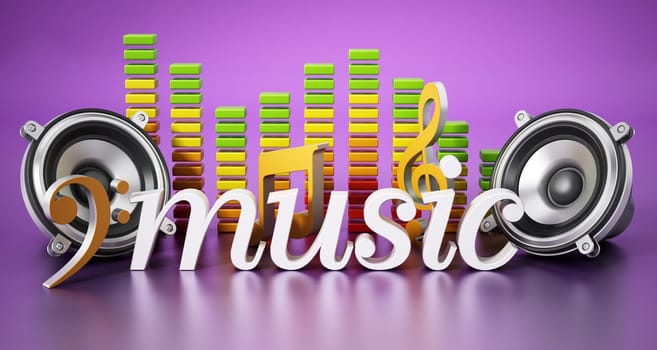 Music text speakers music notes and equalizer. 3D illustration.