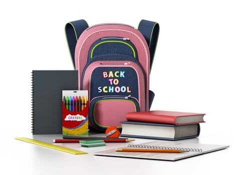 School backpack and education objects isolated on white background. 3D illustration.