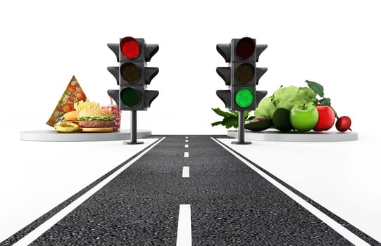 Green light for healthy food and red light for junk food. 3D illustration.