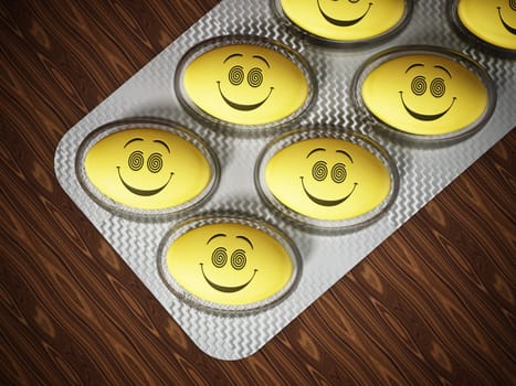 Antidepressant pill with smiling face in blister pack. 3D illustration.