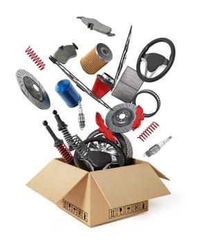 Auto spare parts standing on white background. 3D illustration.