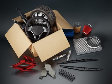 Auto spare parts standing on black background.