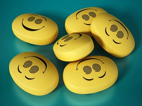 Antidepressant pills with smiling face. 3D illustration.