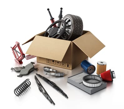 Auto spare parts standing on black background. 3D illustration.