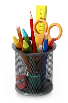 Metal pencil holder with school supplies. 3D illustration.