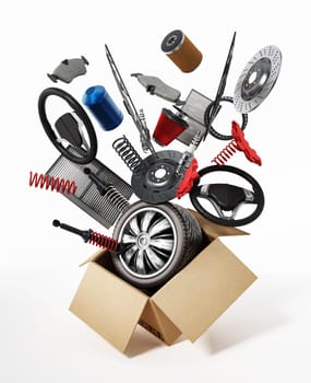 Auto spare parts standing on white background. 3D illustration.