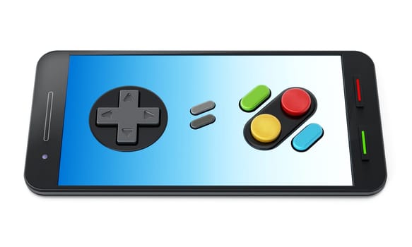 Gamepad buttons on smartphone isolated on white background. 3D illustration.