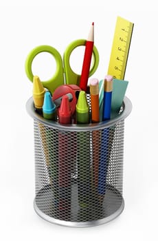 Metal pencil holder with school supplies. 3D illustration.