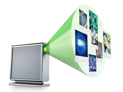 External hard drive with projected photos. 3D illustration.