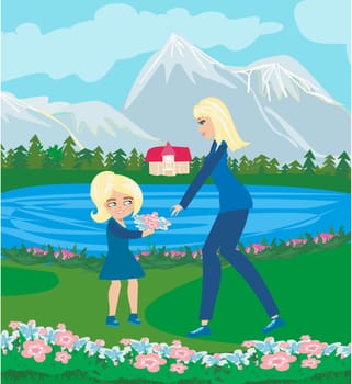 Mother and daughter walking in garden