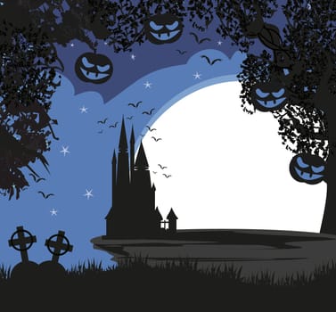 Halloween night background with scary pumpkins and silhouette of haunted house.