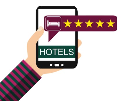 Hand holding Smartphone: Positive Hotel review - Flat Design