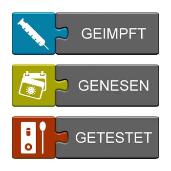 3 blue, yellow red, grey Puzzle Buttons showing: Vaccinated, Recovered and Tested in german language 3D illustration
