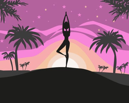 Silhouette woman practicing yoga on the beach at sunset.