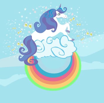 Card with a cute unicorn rainbow in the clouds.