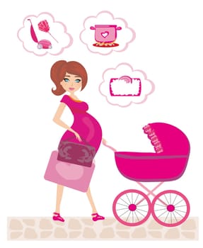 Pregnant woman pushing a stroller and thinks of  homework