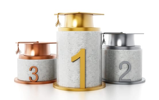 Gold, silver and bronze mortarboards standing on columns. 3D illustration.