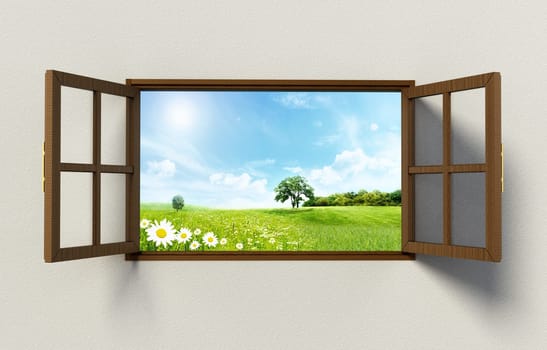 Open windows with a nice green field view. 3D illustration.