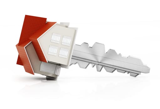 House model connected to the metal key. 3D illustration.