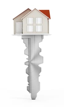 House model connected to the metal key. 3D illustration.