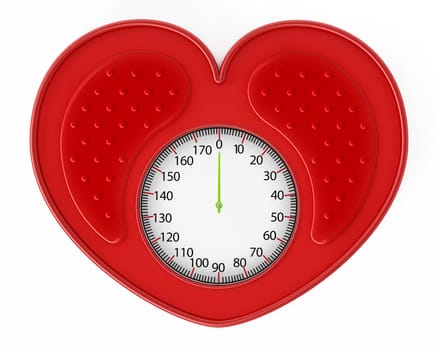 Heart shaped red bathroom scale. 3D illustration.
