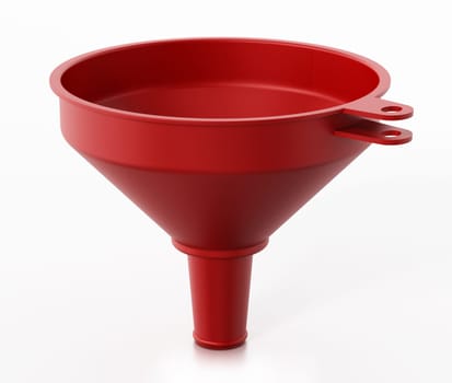 Red plastic funnel isolated on white background. 3D illustration.