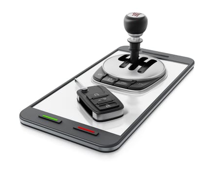 Car manual transmission and key standing on smartphone. 3D illustration.