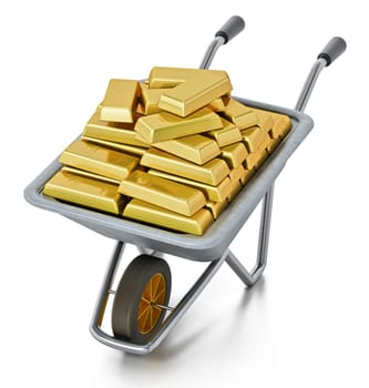 Wheelbarrow full of gold isolated on white background. 3D illustration.