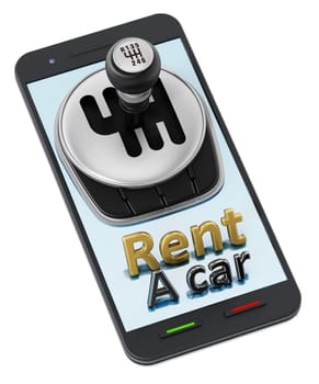 Car manual transmission and rent a car text standing on smartphone. 3D illustration.