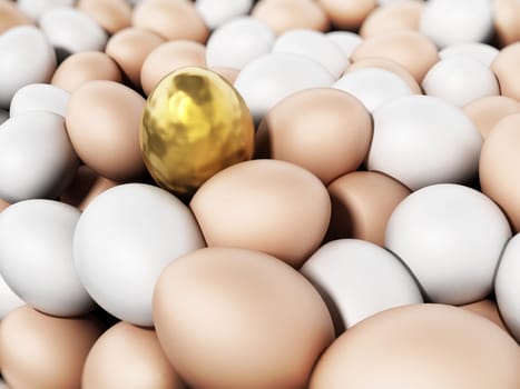 Golden egg standing out among brown and white eggs. 3D illustration.