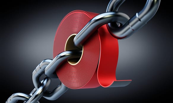 Extra strong adhesive tape among chain parts. 3D illustration.