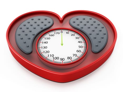 Heart shaped red bathroom scale. 3D illustration.
