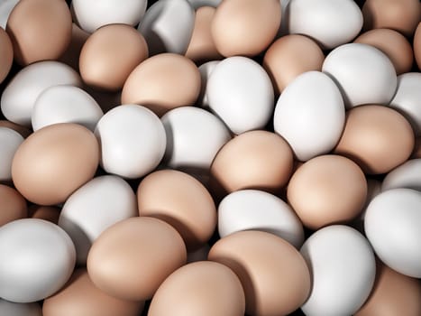 Brown and white fresh farm eggs. 3D illustration.