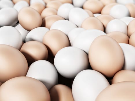 Brown and white fresh farm eggs. 3D illustration.