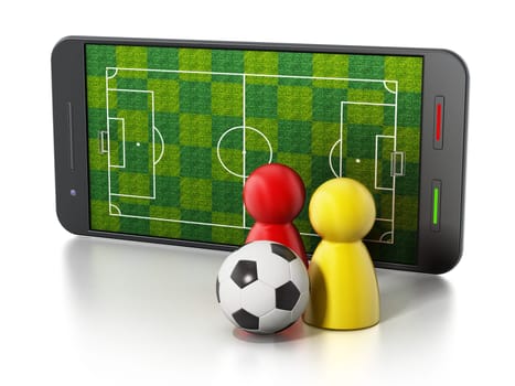 Smartphone with soccer field, football and pawns. 3D illustration.