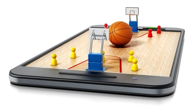 Basketball court, hoops and players standing on smartphone. 3D illustration.