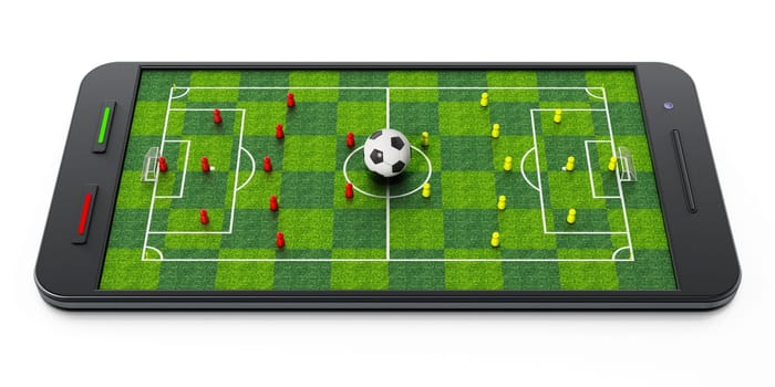 Smartphone with soccer field, football and pawns. 3D illustration.