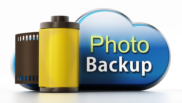 Cloud symbol with backup text and film strip. 3D illustration.