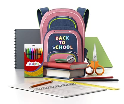 School backpack and education objects isolated on white background. 3D illustration.
