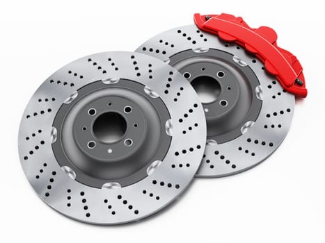 Car brake discs and red calipers isolated on white background. 3D illustration.