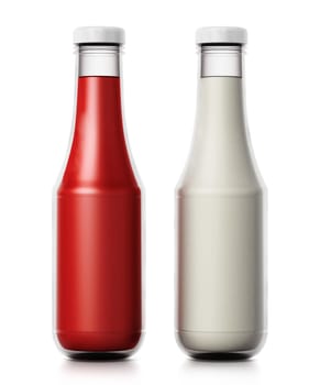 Glass ketchup and mayonnaise bottles isolated on white background. 3D illustration.