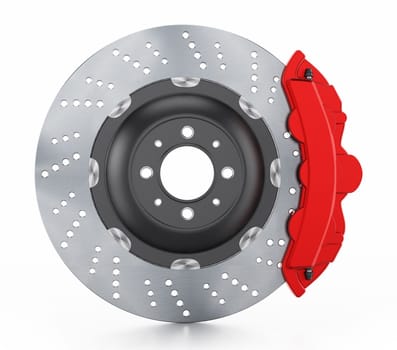 Car brake disc and red caliper isolated on white background. 3D illustration.