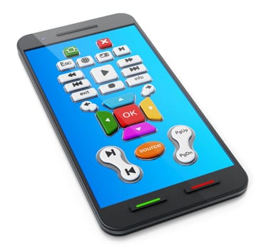 Smart remote controller application on smartphone screen. 3D illustration.