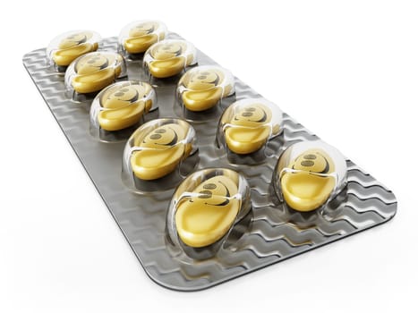 Antidepressant pill with smiling face in blister pack. 3D illustration.