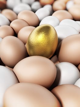 Golden egg standing out among brown and white eggs. 3D illustration.