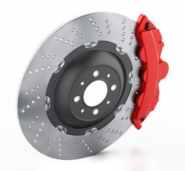 Car brake disc and red caliper isolated on white background. 3D illustration.