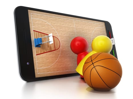 Basketball court, hoops and players standing on smartphone. 3D illustration.