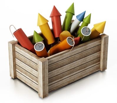 Fireworks standing inside wooden crate. 3D illustration.