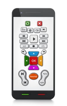 Smart remote controller application on smartphone screen. 3D illustration.