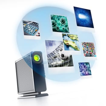 External hard drive with projected photos. 3D illustration.